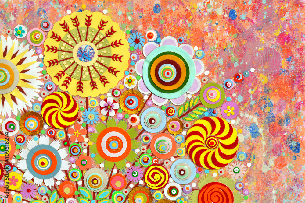 Fototapeta premium Abstract colourful art, acrylic art painting on canvas, 3d art, three, dimensional embossing and carving, Unique art technique. Highly textured artwork. Flowers.