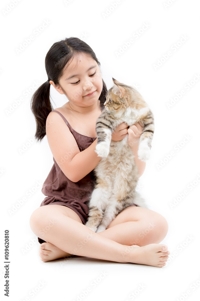 Happy Asian girl playing with tabby persian cat on isolated background