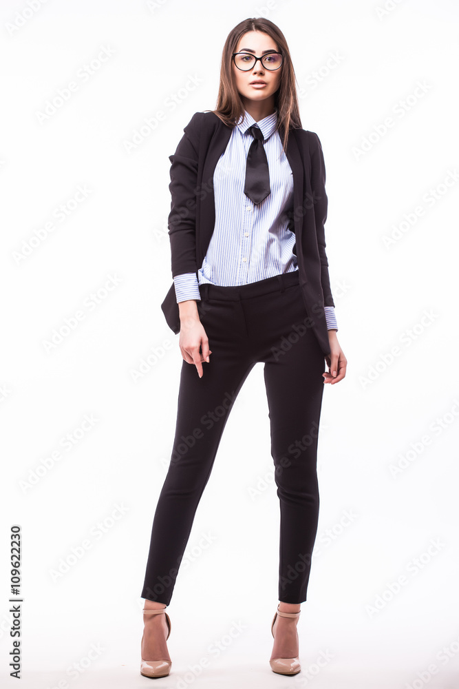 Happy young business woman in glasses isolated on white background