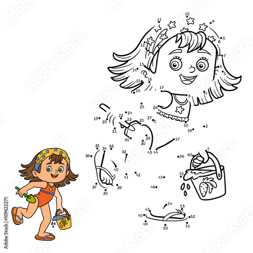 Numbers game for children. Little girl on the beach