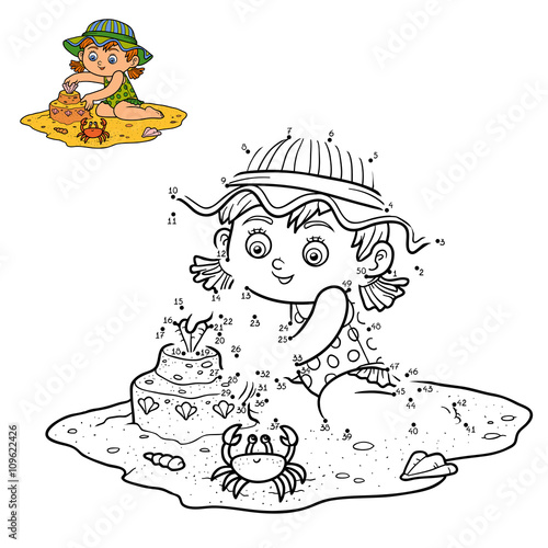 Numbers game for children. Little girl on the beach