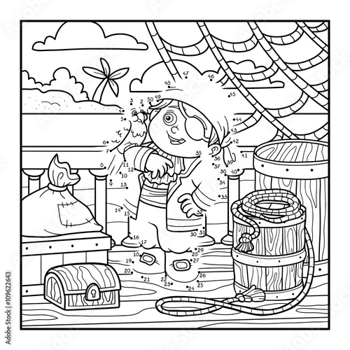 Numbers game for children. Pirate on the deck of a ship