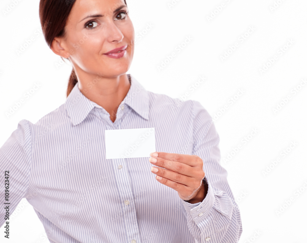 Smiling brunette businesswoman with visit card Smiling brunette businesswoman with visit card