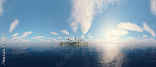 Panoramic view of a uninhabited island with palm trees. 3D Rendering.