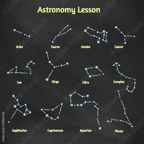 A set of vector signs of the zodiac. Collection constellations drawn on the blackboard with chalk Design elements for design of printed materials and websites on the subject of astronomy and astrology