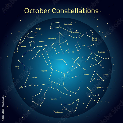 Vector illustration of the constellations of the night sky in October. Glowing a dark blue circle with stars in space Design elements relating to astronomy and astrology