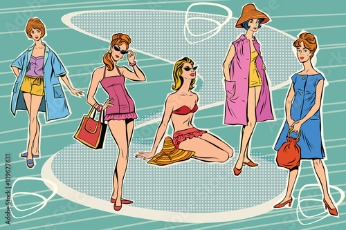 Set beautiful retro woman vector