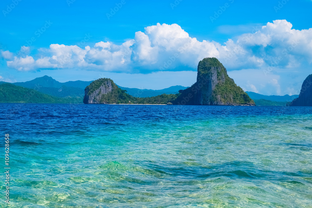 Scenic view of tropical sea bay and rock islands