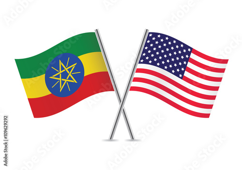 Ethiopian and American flags. Vector illustration.