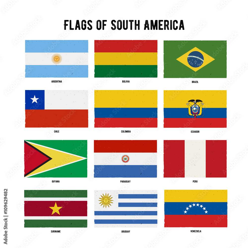 South America Continent Flag Pack. A hand drawn scratched flags with a grunge texture.