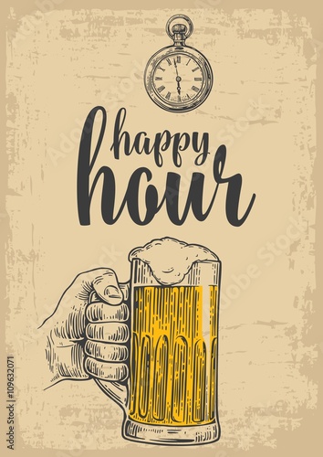 Male hand holding a beer glass. Vintage vector engraving illustration for label, poster, menu. Isolated on beige background. Happy hour