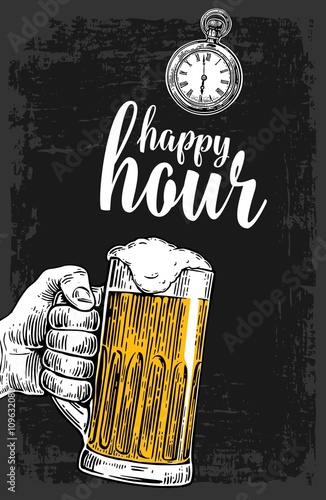 Male hand holding a beer glass. Vintage vector engraving illustration for label, poster, menu. Isolated on dark background. Happy hour