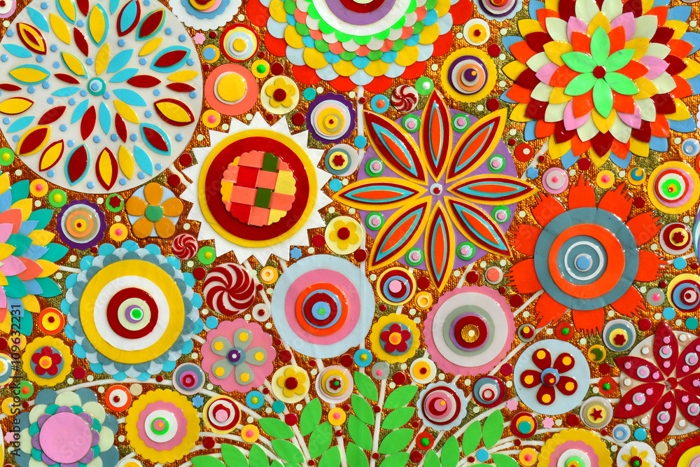 Fototapeta premium Bunch of flowers, abstract color acrylic painting on canvas, 3d, three, dimensional embossing and carving. Unique technique. Imitation of floral surface. Highly textured.