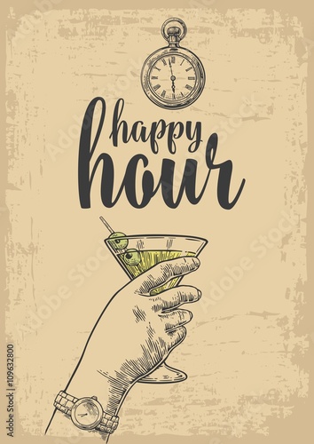 Female hand holding a glass of cocktail. Vintage vector engraving illustration for label, poster, menu. Isolated on beige background. Happy hour