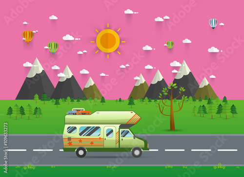 Family traveler truck driving on the road