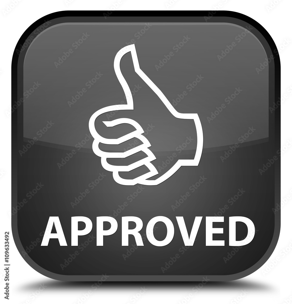 Approved (thumbs up icon) black square button Approved (thumbs up icon) black square button