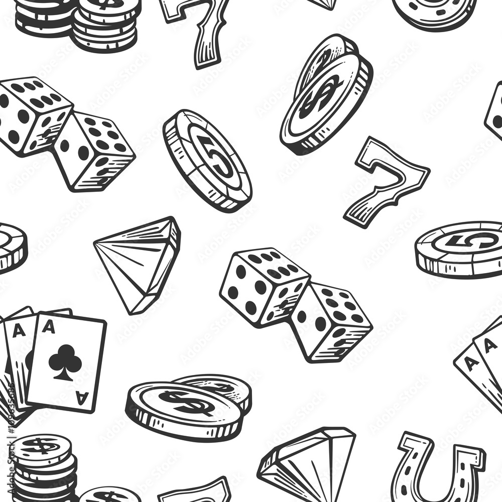 Seamless Pattern Casino set symbols. Black and white vintage vector illustration on white background for label, poster, web,  icon, banner.