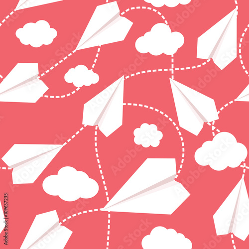 Paper Planes in Clouds Seamless Pattern