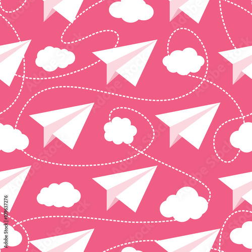 Paper Planes in Clouds Seamless Pattern