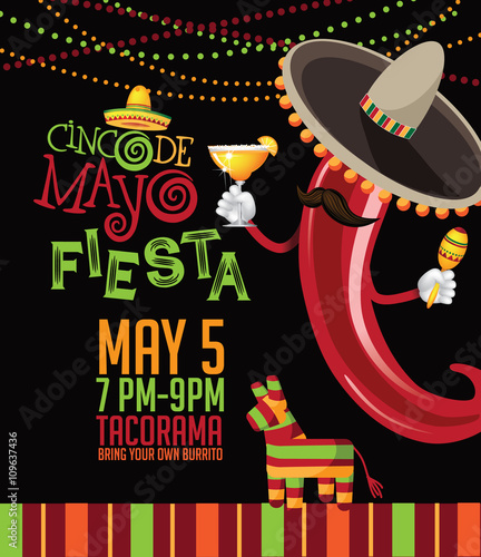 Cinco De Mayo bunting background. Cinco de Mayo ad, signage, card, invitation template. Colorful layout for Cinco de Mayo fiesta with copy space. EPS 10 vector royalty free stock illustration.