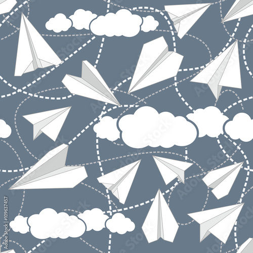 Paper Planes in Clouds Seamless Pattern