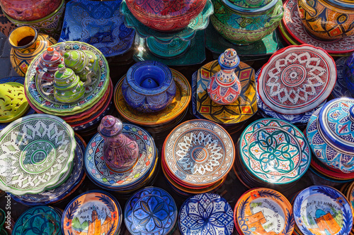 Traditional Moroccan pottery in a street market