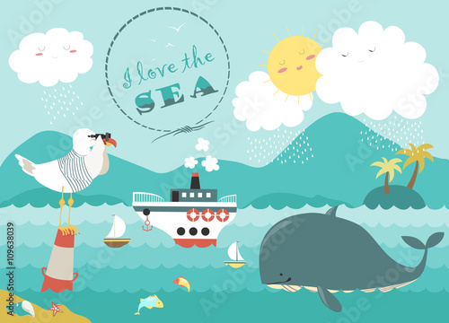 Whale,steamship and seagull in blue sea 