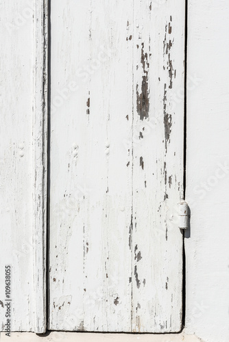 Weathered white wooden door with paint chipped and peeling.