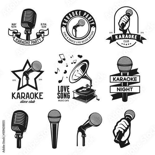 Set of karaoke related vintage labels, badges and design elements. Vector illustration.