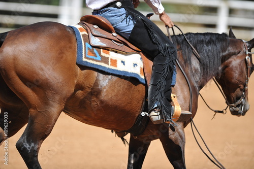 Fragment of the side view of a rider in the chaps on a horseback during the NRHA competition. © PROMA