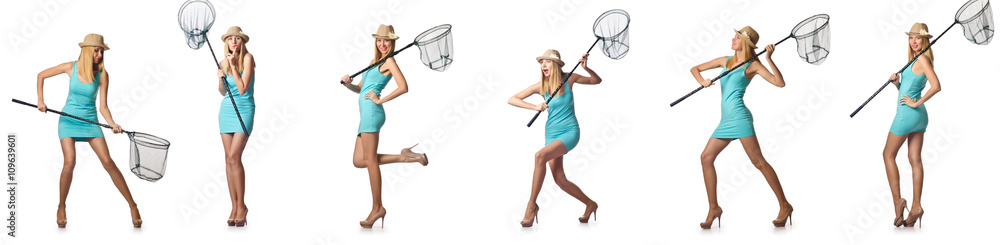 Woman with catching net isolated on white Woman with catching net isolated on white