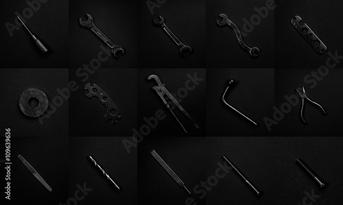 Collage of black & white repair tools and elements isolated on b