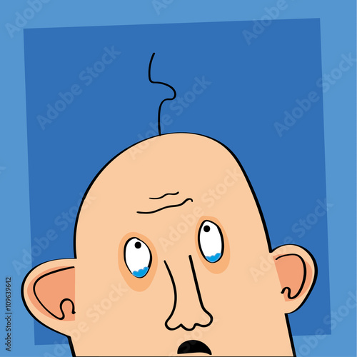 Illustration of a bald man with tears in his eyes as he looks up at the one remaining hair on his head