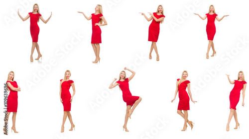 Woman in red dress isolated on white