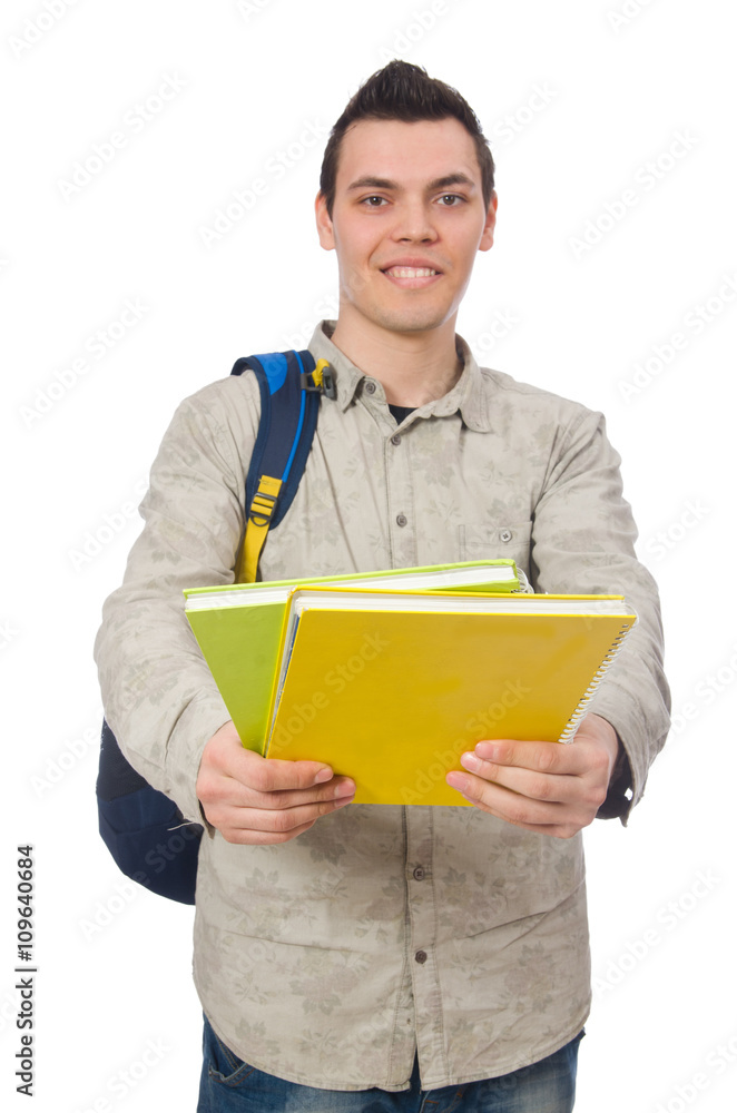 Smiling caucasian student with backpack and books isolated on wh Smiling caucasian student with backpack and books isolated on wh