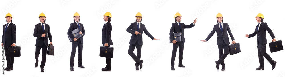 Young architect wearing hardhat on white Young architect wearing hardhat on white