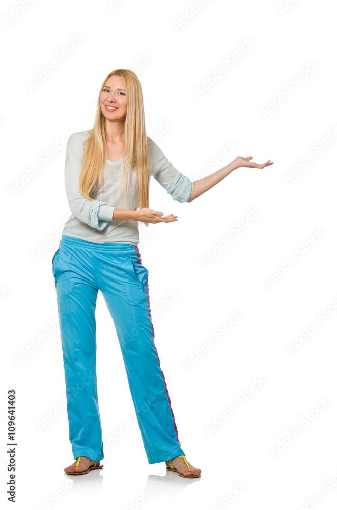Young woman wearing blue training pants isolated on white Young woman wearing blue training pants isolated on white