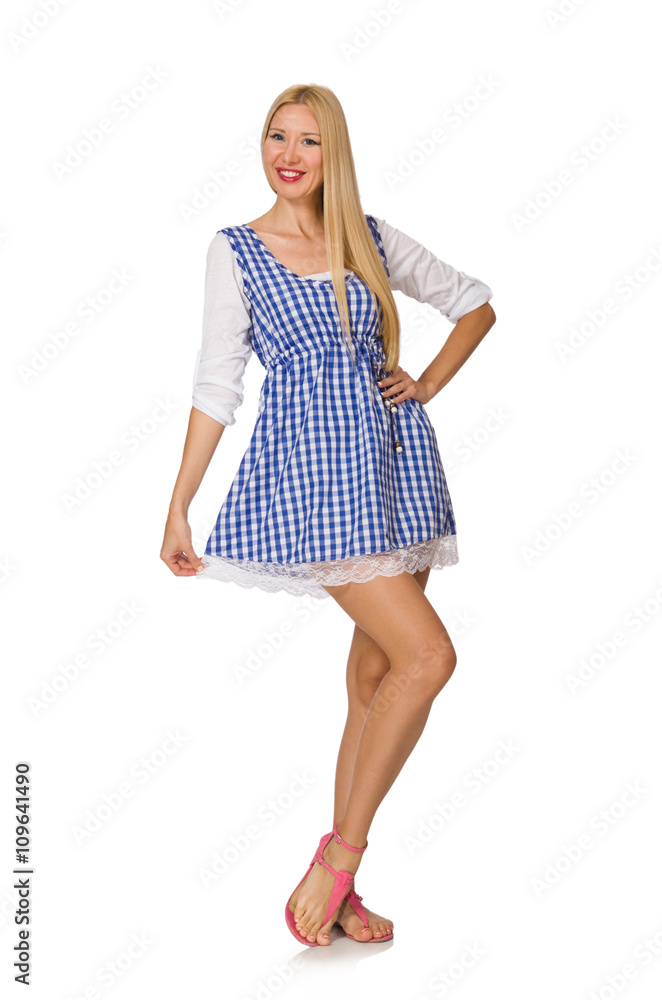 Caucasian woman in plaid blue dress isolated on white Caucasian woman in plaid blue dress isolated on white