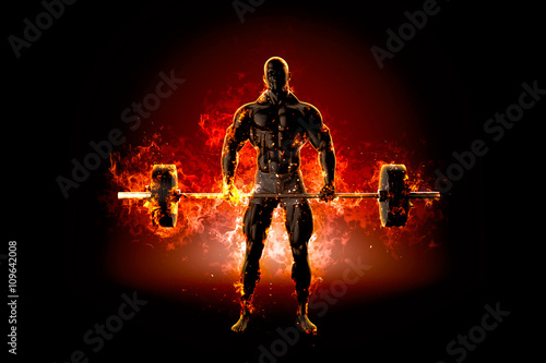 Foto Muscular bodybuilder with barbell. Fire explode concept. 3d illu