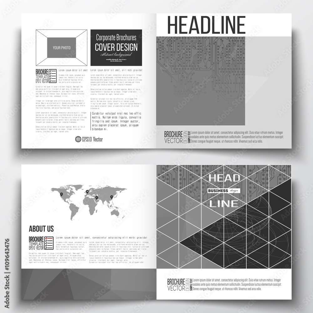 Set of annual report business templates for brochure, magazine, flyer or booklet. Microchip background, electrical circuits, construction with connected lines, digital pattern, science vector