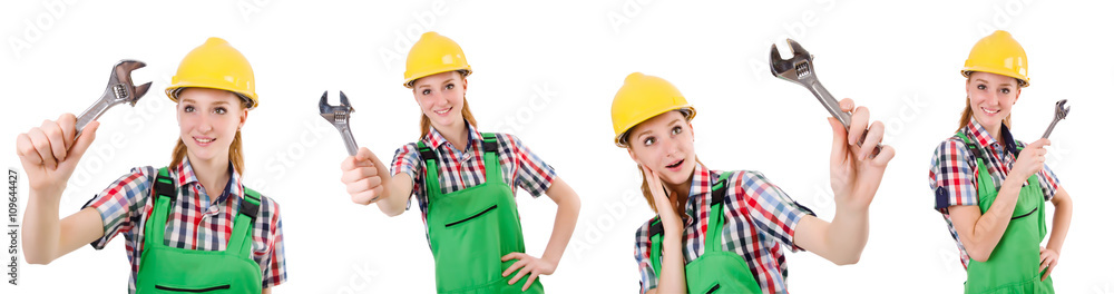 Constructon worker female with wrench isolated on white Constructon worker female with wrench isolated on white