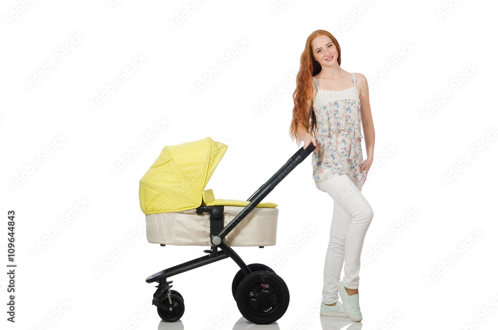 Woman with baby and pram isolated on white Woman with baby and pram isolated on white