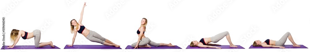 Young female doing exercises on white Young female doing exercises on white