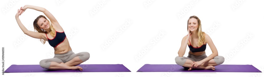 Young female doing exercises on white Young female doing exercises on white