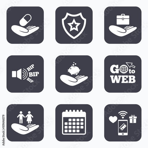 Helping hands icons. Protection and insurance.
