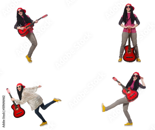 Hipste guitar player isolated on white photo