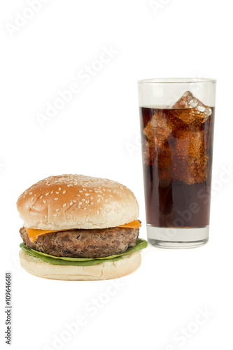 hamburger with glass of soda