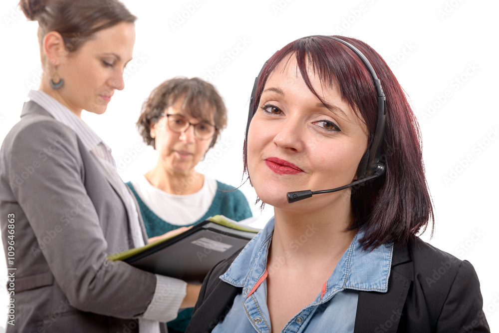 Close-up portrait of smiling young woman with headset Close-up portrait of smiling young woman with headset