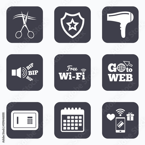Hotel services icon. Wi-fi, Hairdryer and safe.