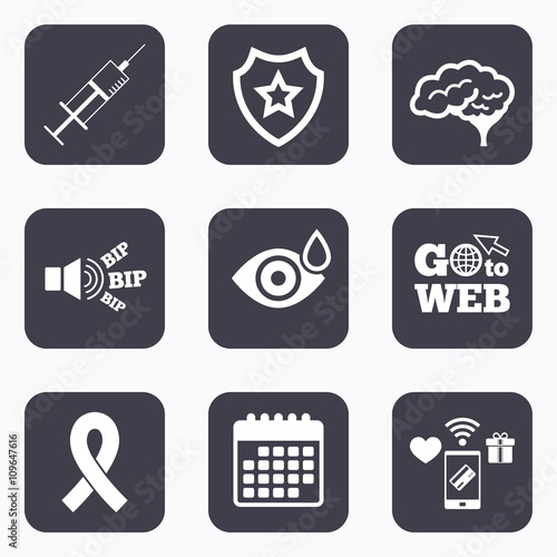 Medicine icons. Syringe, eye, brain and ribbon.